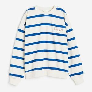 H&M Cream Blue Stripe Crewneck Sweatshirt 'Bisou' Embroidery Red - Size M